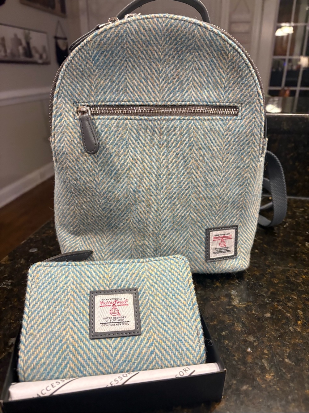 Maccessori Harris Tweed Light Blue Herringbone Tweed Backpack w/ Matching Wallet